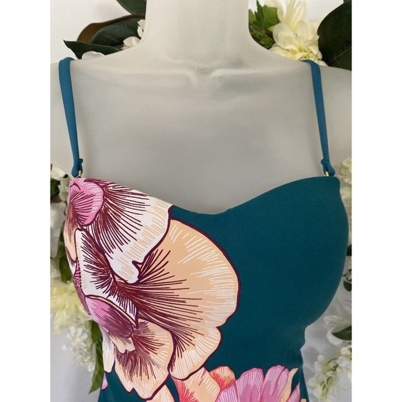 Women's 80s Retro Floral Swimsuit Strapless Convertible Straps Padded Strappy - Picture 6 of 11